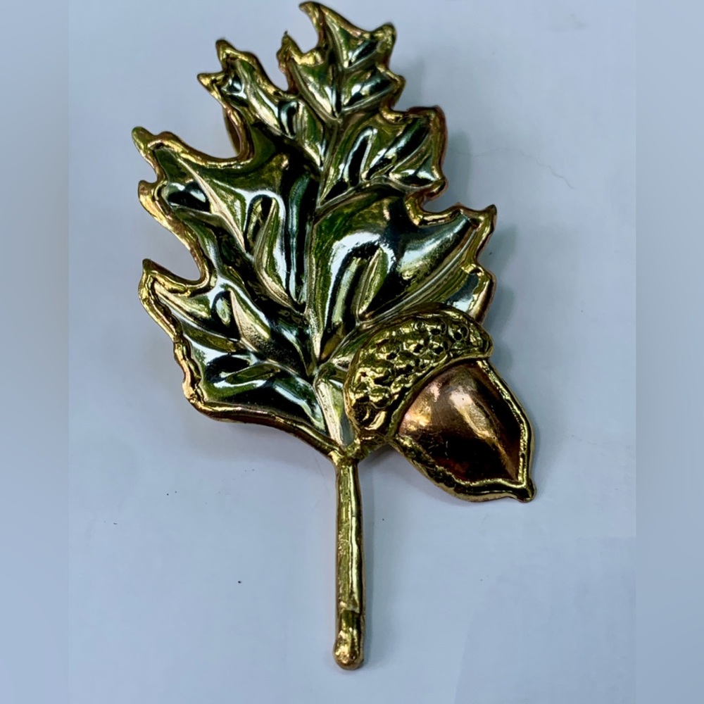 Vtg SJ Mexìco Multi Metal Artisan Handmade Pinback Brooch Oak Leaf & Acorn